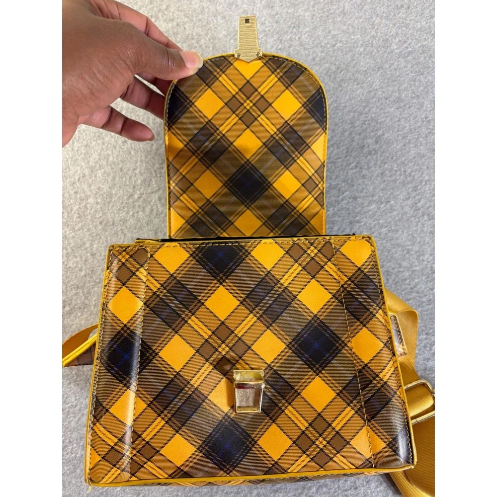 Yellow Plaid Crossbody Satchel Bag Gold Hardware Adjustable Strap Top Handle - Picture 7 of 16